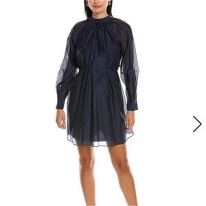 Rebecca Taylor Navy Blue Cotton Silk Crinkle Dress Large Long Sleeves Mini Shift